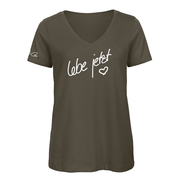 Doc Caro "Lebe jetzt" B&C Inspire Damen V-Neck Shirt weiss/olive